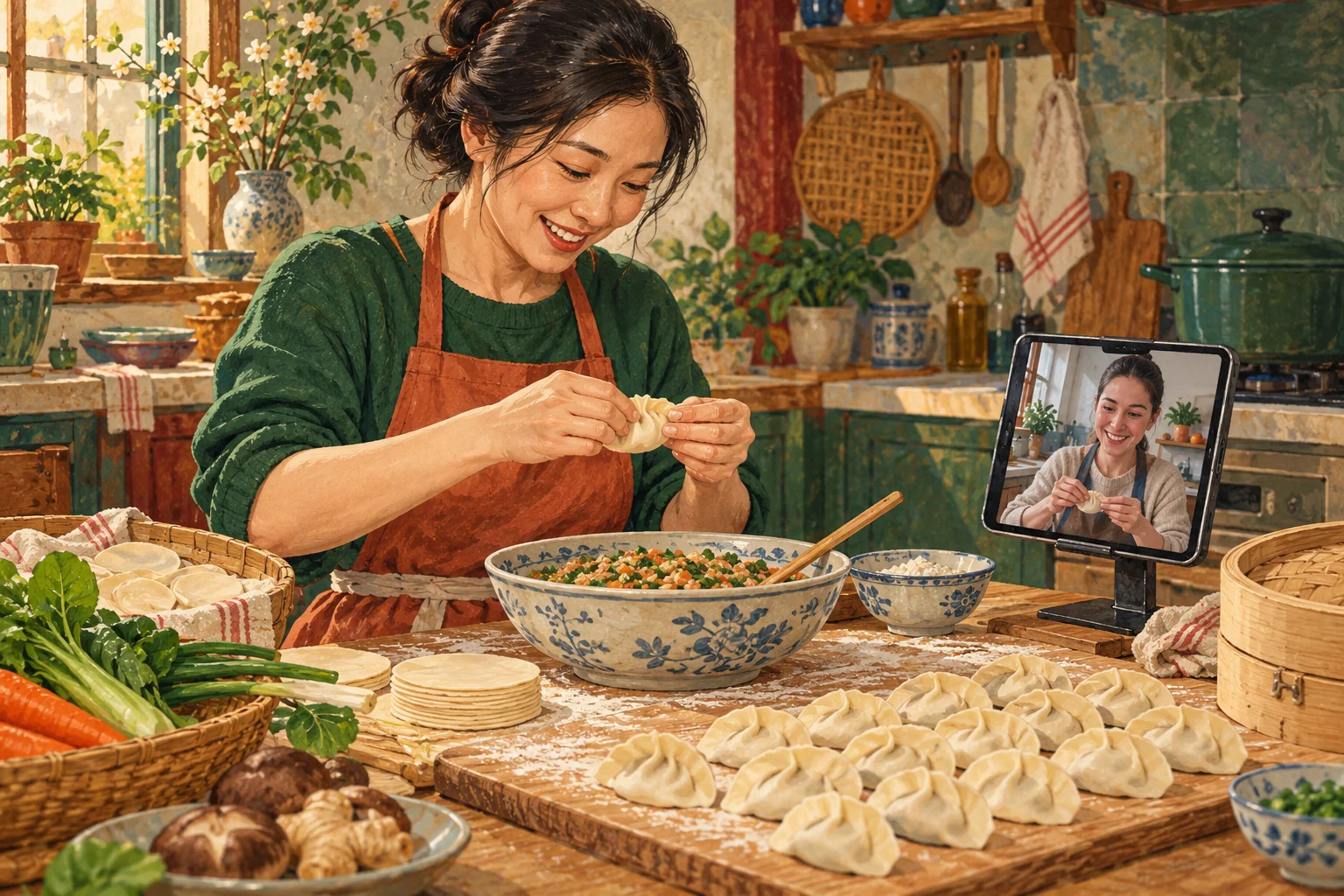 Illustration einer chinesischen Person beim Teigtaschenfalten in der Hausküche, während eine befreundete Person aus der Ferne per Video mitkocht