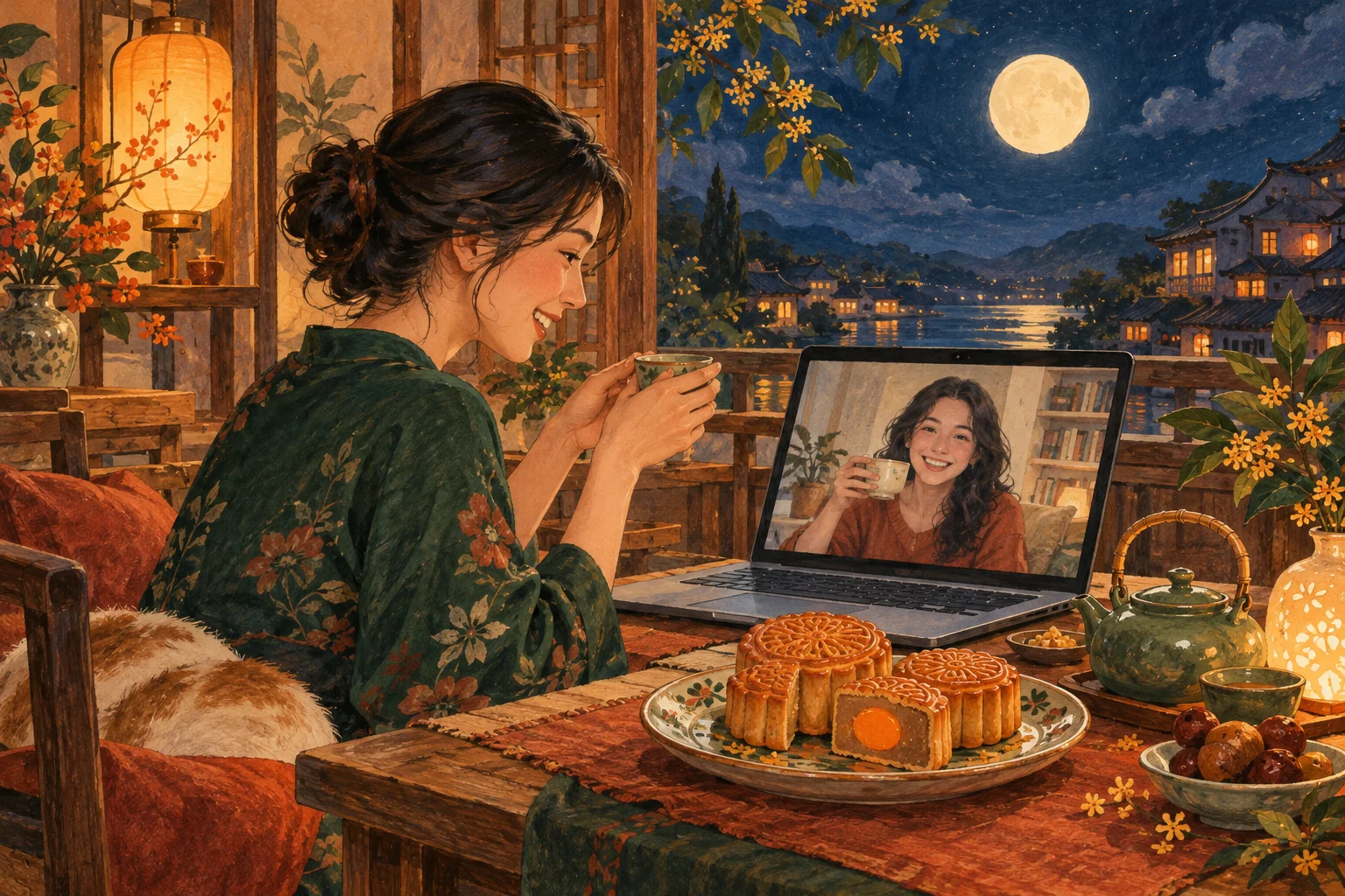 رسم توضيحي لمضيف يشارك كعك القمر والشاي وأمسية عيد منتصف الخريف مع قمر مكتمل وضيف بعيد عبر الفيديو