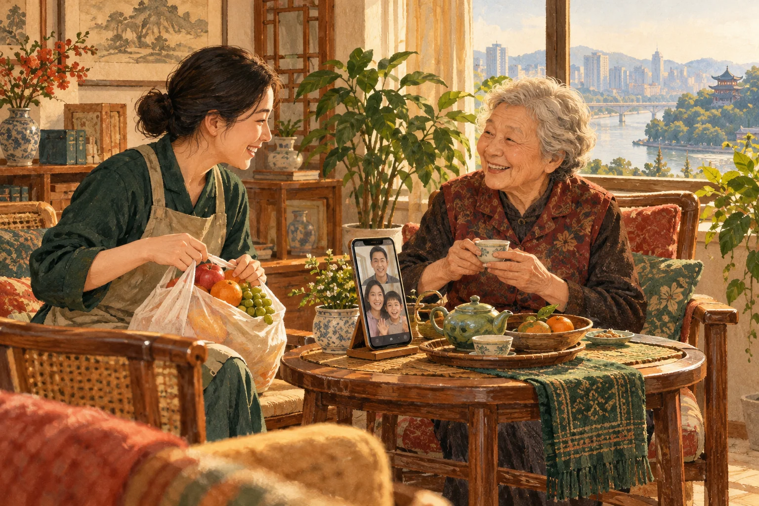 ภาพประกอบผู้มาเยี่ยมนำของกินมาฝากและนั่งดื่มชากับคุณพ่อหรือคุณแม่สูงวัยในบ้านที่จีน